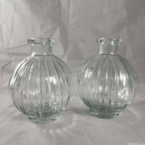 Set of 2 Vintage French Ribbed Heavy Glass Bistro Carafes 0.375L Vases